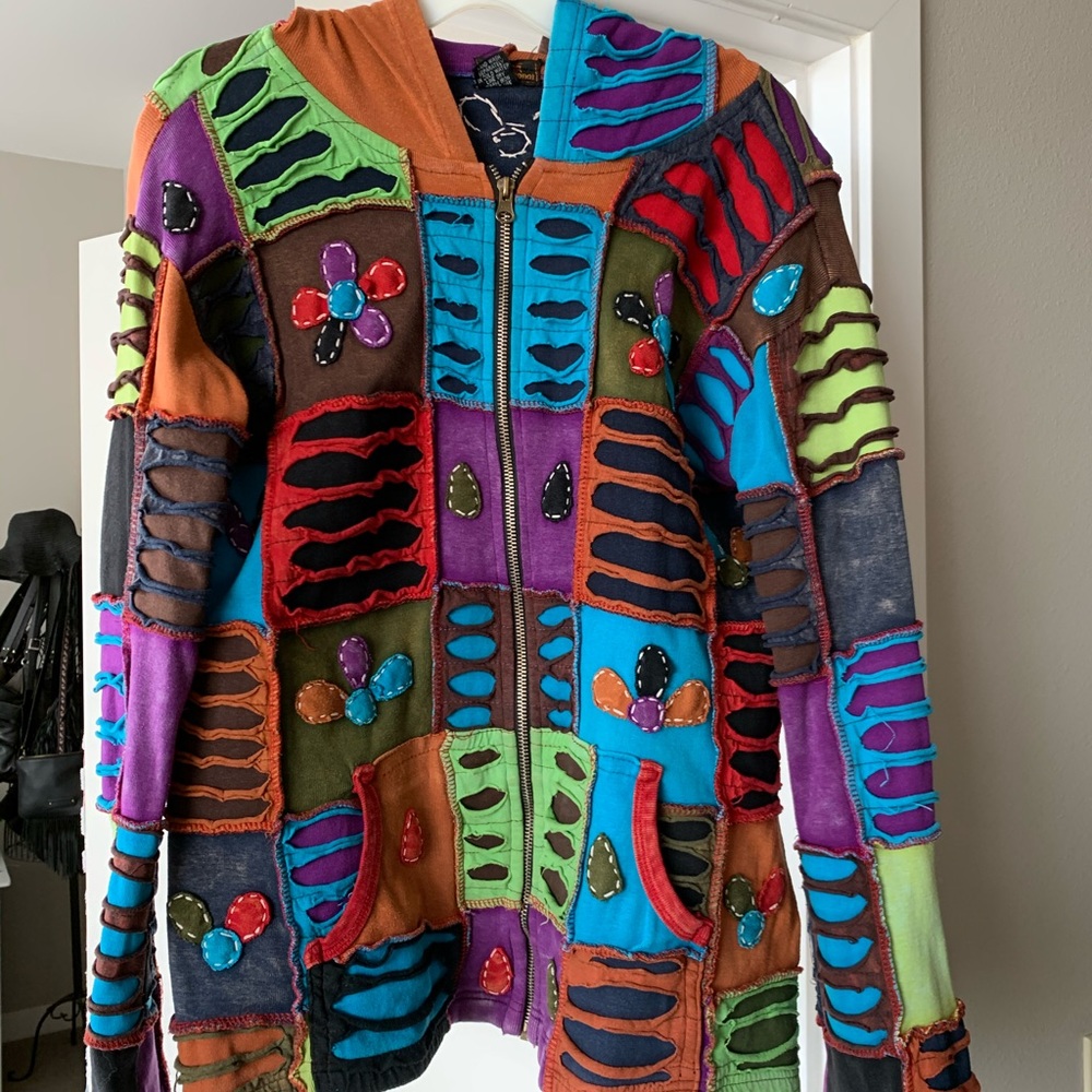 Bright colorful jacket with hood size small